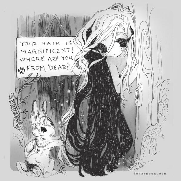 &quot;-Your hair is magnificent!&quot; The odd girl flinched, glancing to her side where a small voice came from. &quot;Where are you from, dear?&quot; A curious rabbit inquired as they brushed their paws through the girl&#39;s snow white hair. It was like it was made of stars