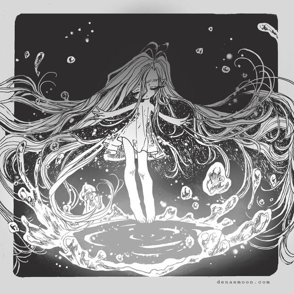 Closing her eyes as she was surrounded by a warm, comforting sensation, the girl gently lifted as the water around her jolted up. Containing the small being, droplets began to shimmer, a dress of stars blossoming from her shoulders.